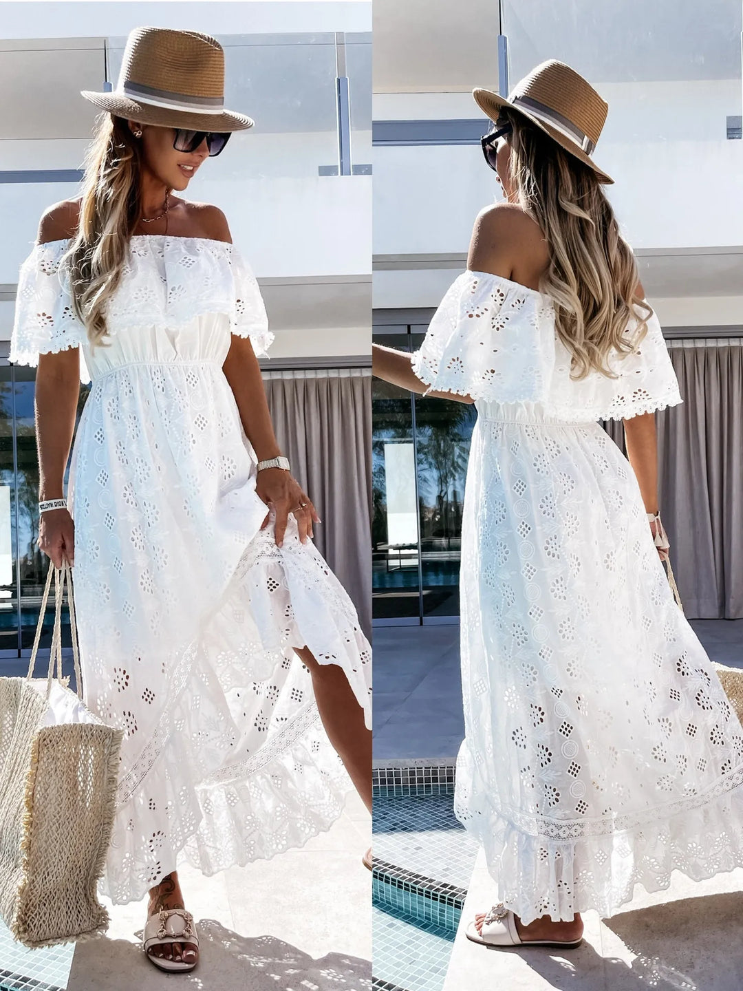 JANELLE - OFF SHOULDER SUMMER BOHO WHITE DRESS SALE