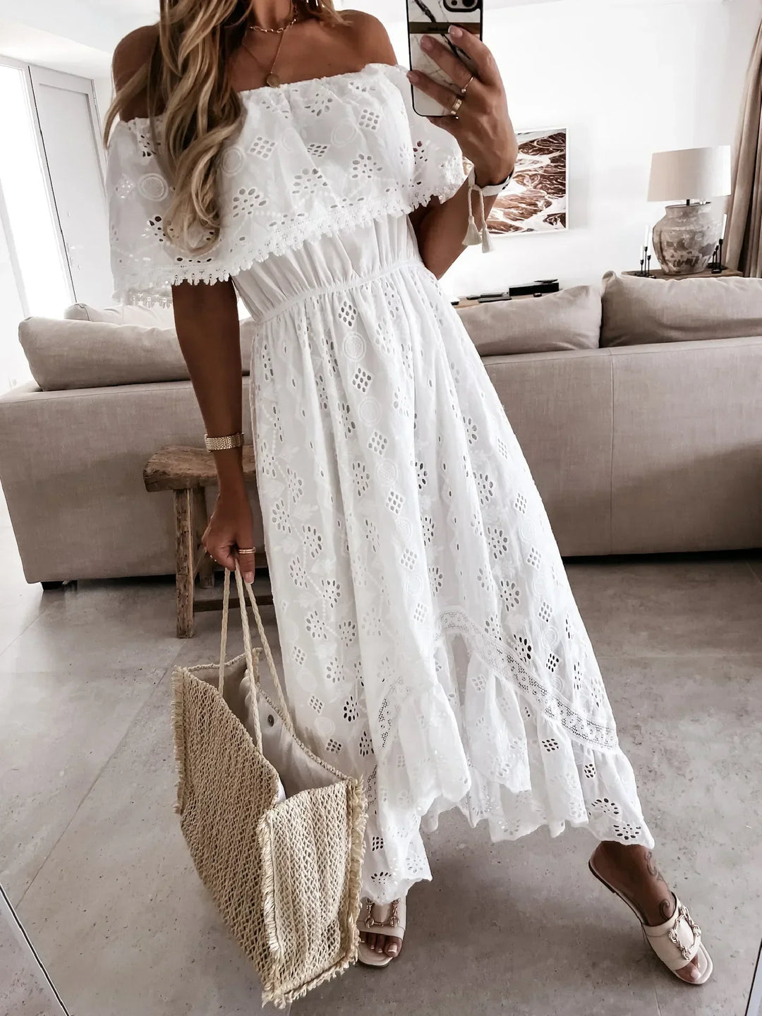 JANELLE - OFF SHOULDER SUMMER BOHO WHITE DRESS SALE