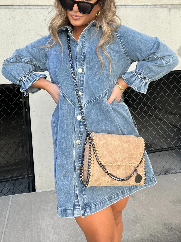 JANINE | LONG SLEEVE WASHED DENIM DRESS SALE